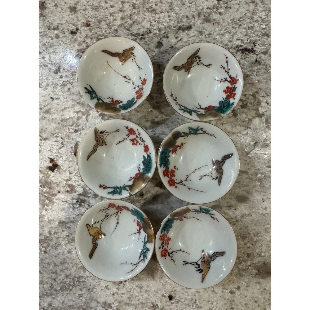 Vintage Set of 6 Japanese Porcelain Sake Cups Crane Plum Blossom Made in Japan